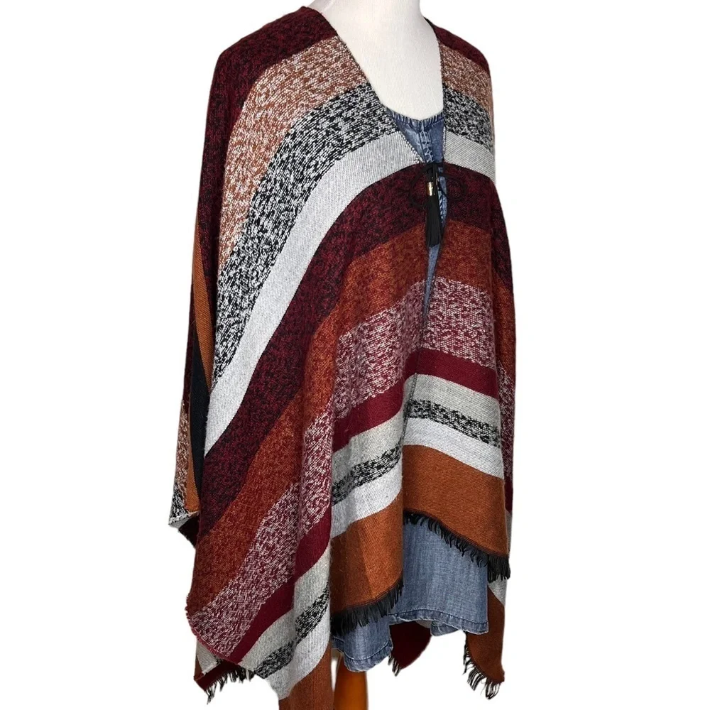 Andrew Mark Aztec Print Large Fringe Shawl Cape Wrap Autumn Colors Stripes Scarf